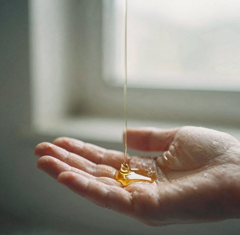 Macro photograph of warm oil dripping onto hands, soft morning window light, muted earth tones, shallow depth of field, 35mm film