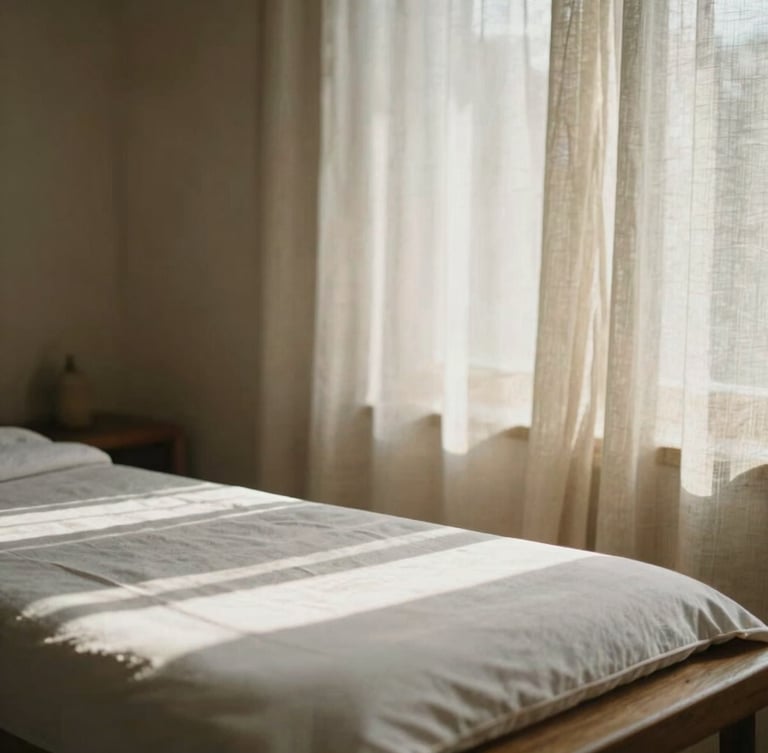 Quiet serene massage room with soft linen curtains, warm morning sunlight casting gentle shadows on a wooden table, editorial photography