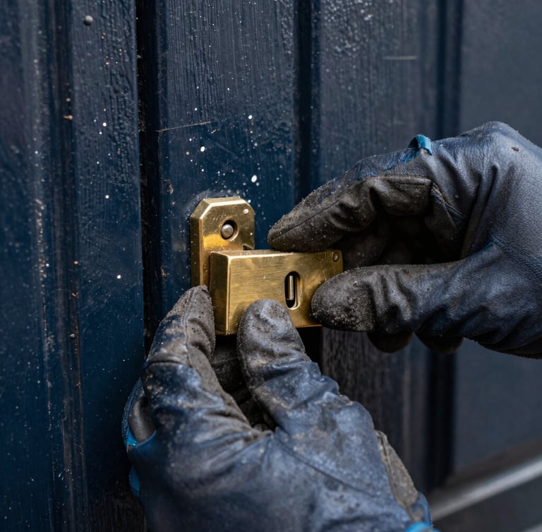 Macro close-up of a locksmith's hands in dark work gloves adjusting a brass cylinder lock on a weathered wooden door, gritty realistic style, overcast London daylight, 35mm lens.