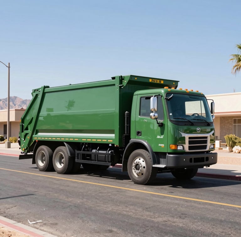 Wide-angle shot of a clean, branded forest green junk removal truck parked on a sunny Las Vegas street, bright desert daylight, high contrast