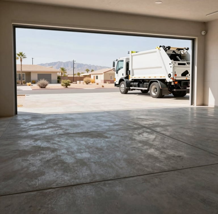 Wide shot of a clean, empty Las Vegas garage with freshly swept concrete floor, bright desert daylight streaming through the open door, professional junk removal truck visible in the driveway.
