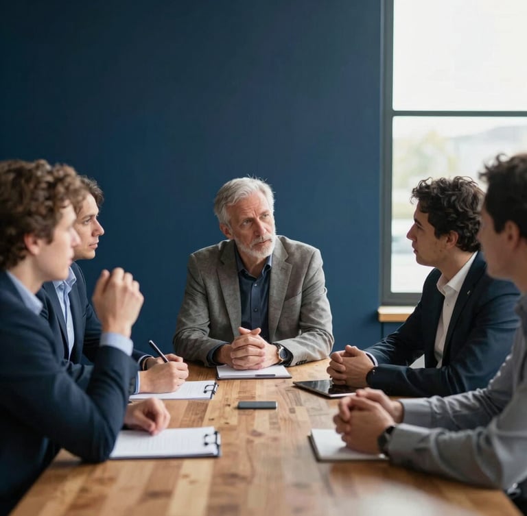 Collaborative workshop environment with natural interaction, mature leaders discussing strategy around a wooden table, dramatic natural window light, sharp focus