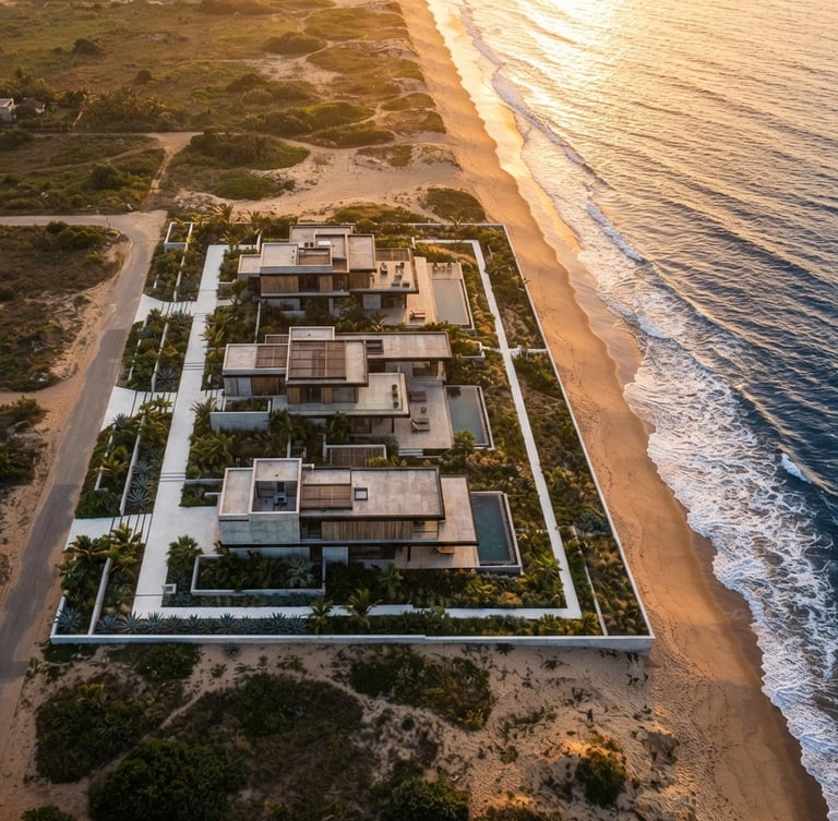 Minimalist aerial view of a pristine coastal land plot in Benin, golden hour sunlight reflecting on the Atlantic ocean nearby, clean geometric boundaries, high-end architectural context, editorial style