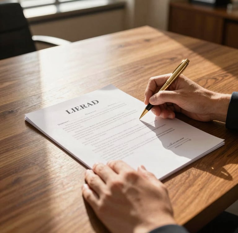 Close-up of hands signing legal property deeds on a solid wood desk, gold pen, warm natural sunlight, luxury office setting