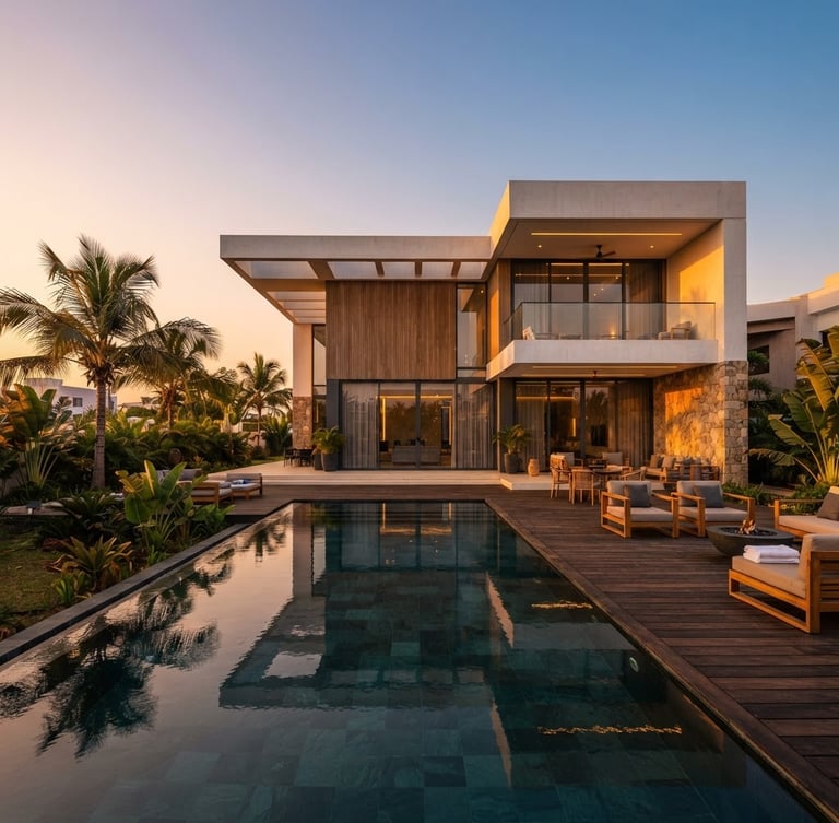 Wide-angle architectural shot of a minimalist luxury villa facade in Cotonou at golden hour, glowing warm sunlight reflecting on a private pool in the foreground, palm trees, clear sky, high-contrast.