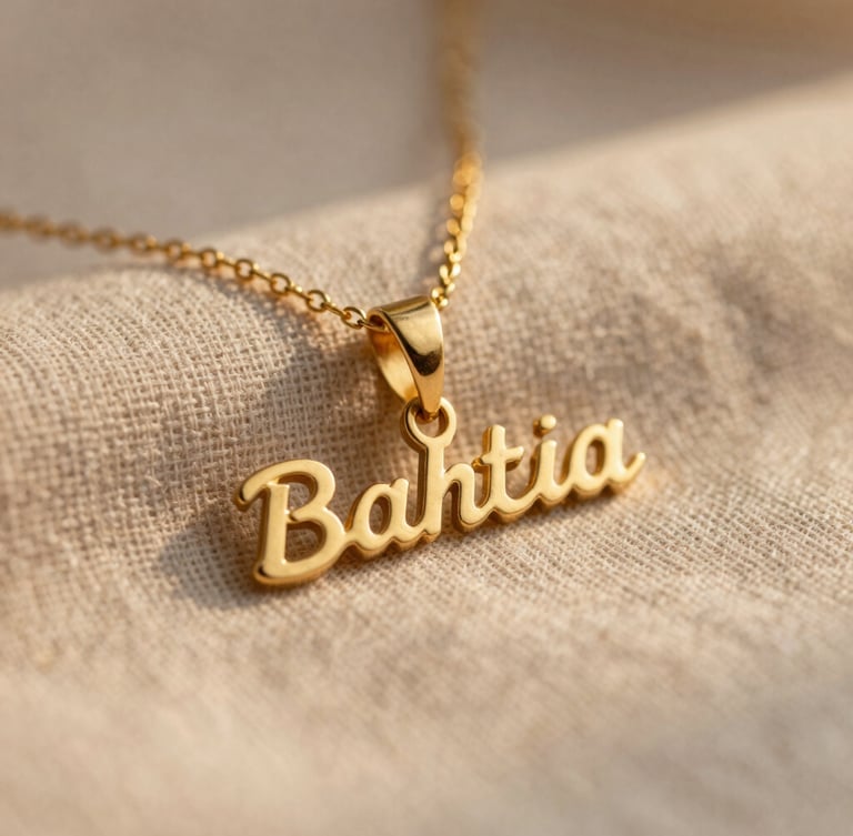 A close-up macro shot of a custom gold nameplate necklace resting on soft natural linen, warm golden-hour sunlight reflecting off the polished metal, shallow depth of field.