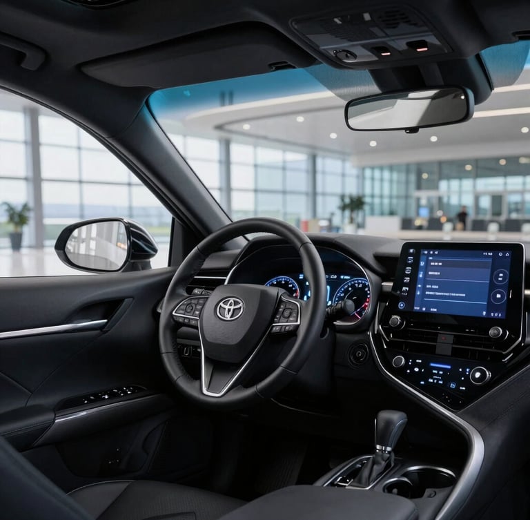 Cinematic low-key shot of a clean luxury sedan interior, soft blue hour lighting reflecting on polished dashboard, premium leather steering wheel, shallow depth of field