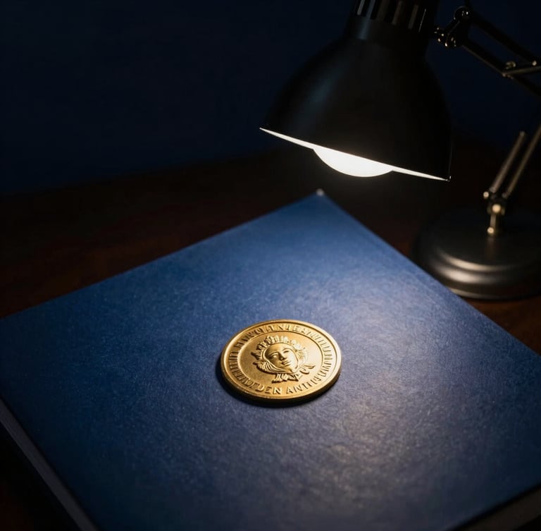 Macro shot of a legal file with gold seal under a sharp desk lamp, deep navy background, high contrast, 35mm