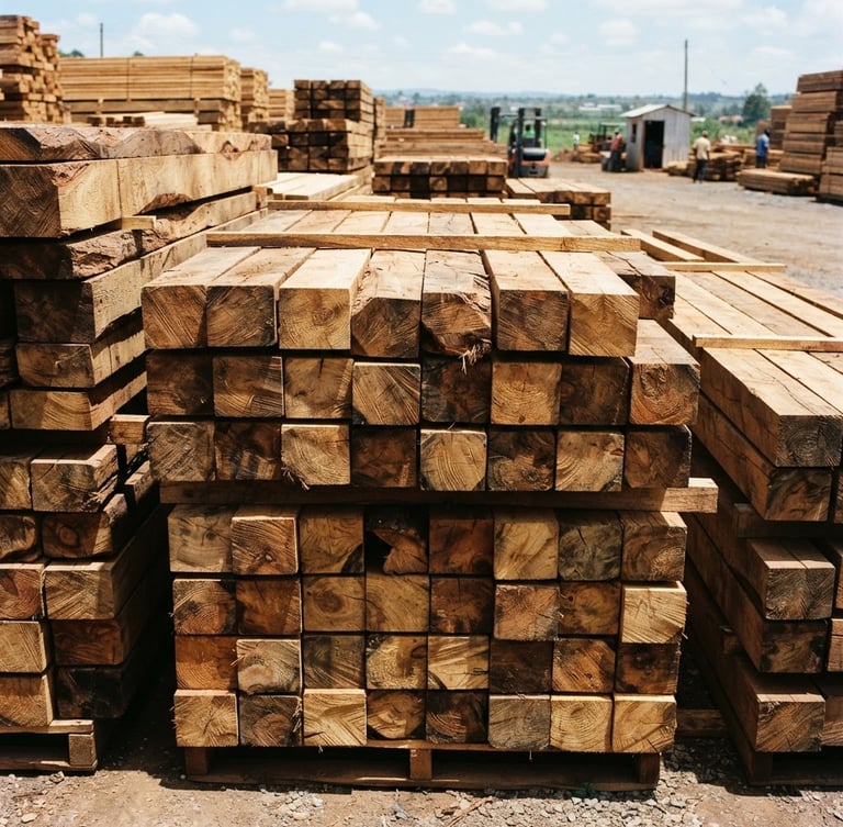 Wide-angle outdoor shot of stacked raw cypress timber beams in bright natural daylight at an Eldoret yard, sharp focus on wood texture