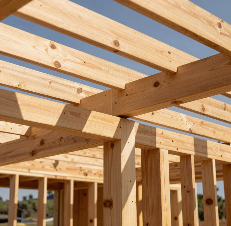 Close-up of structured timber framing of a modern house under construction in Eldoret, bright Kenyan sun casting sharp shadows on graded wood beams