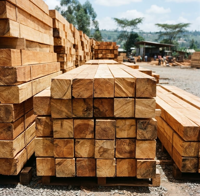 Wide-angle outdoor shot of stacked, clean-cut cypress timber beams in bright daylight at our Eldoret yard, sharp focus on raw wood grain textures