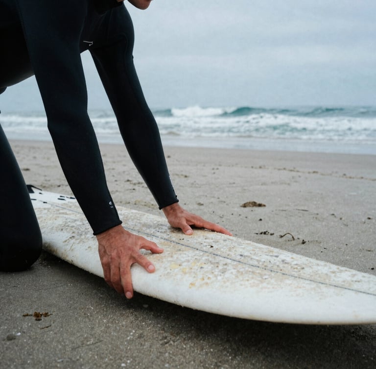 Close-up of a surf instructor's hands adjusting a student's posture on a surfboard on the sand, Playa Cardiel in background, overcast coastal daylight, thick wetsuits, 35mm film grain.