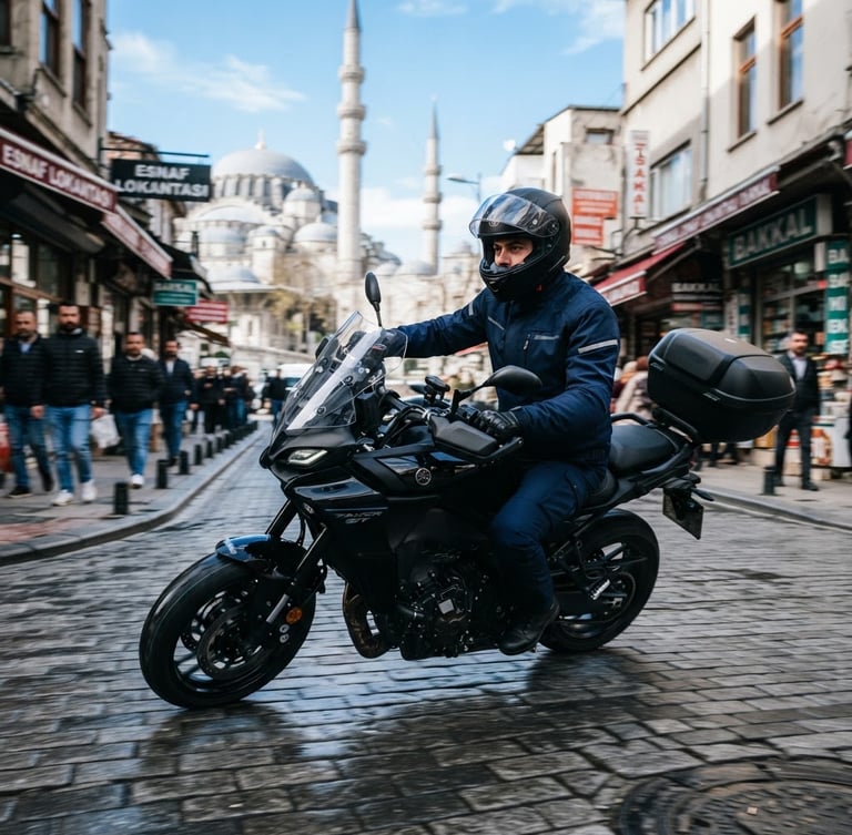 Dynamic low-angle tracking shot of a professional motorcycle courier in clean navy gear riding a modern black motorcycle through Istanbul streets, motion blur, crisp daylight.