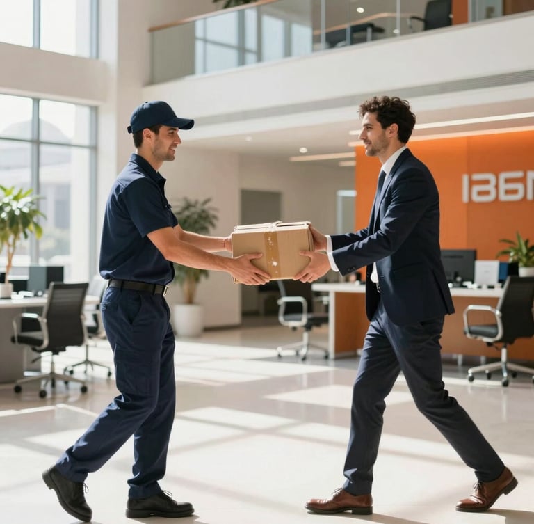 A professional courier in a navy uniform securely handing over a package to a business professional in a modern office lobby in Istanbul, bright daylight, sharp focus, 35mm.