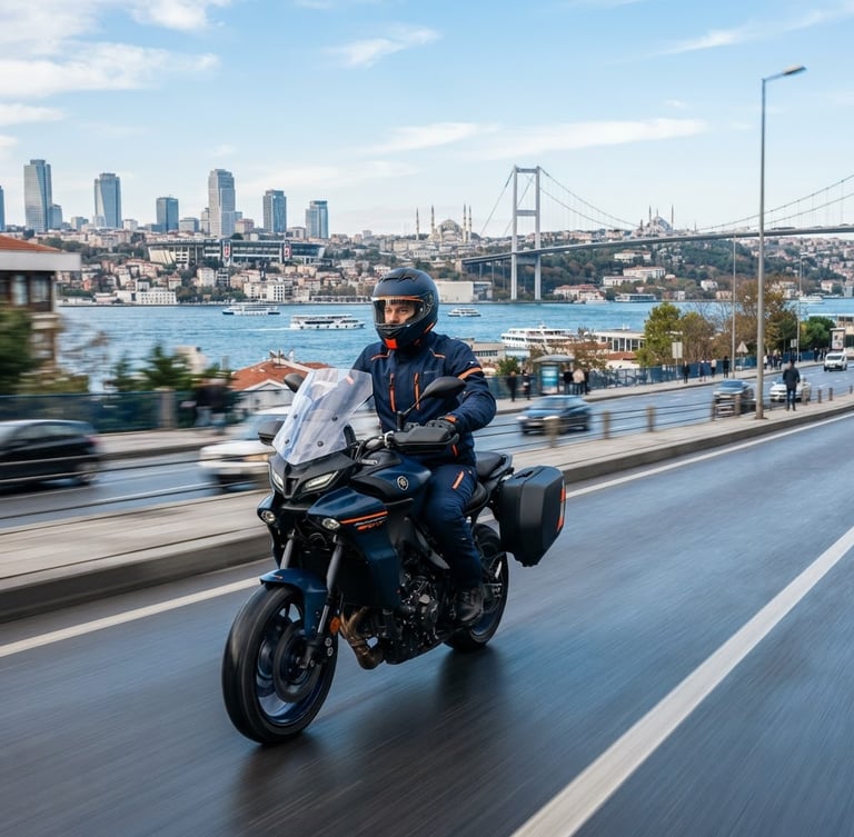 Dynamic editorial photography of a professional motorcycle courier in clean navy blue gear riding a modern motorcycle on a clean street with the modern Istanbul skyline and Bosphorus bridge in the background, crisp daylight, high-contrast corporate navy and orange tones, wide-angle motion blur, 35mm