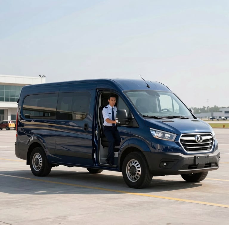 Clean, late-model navy blue shuttle van parked at the Buffalo Airport terminal curbside in crisp morning light, professional driver in uniform opening the door, wide environmental shot, 50mm lens.