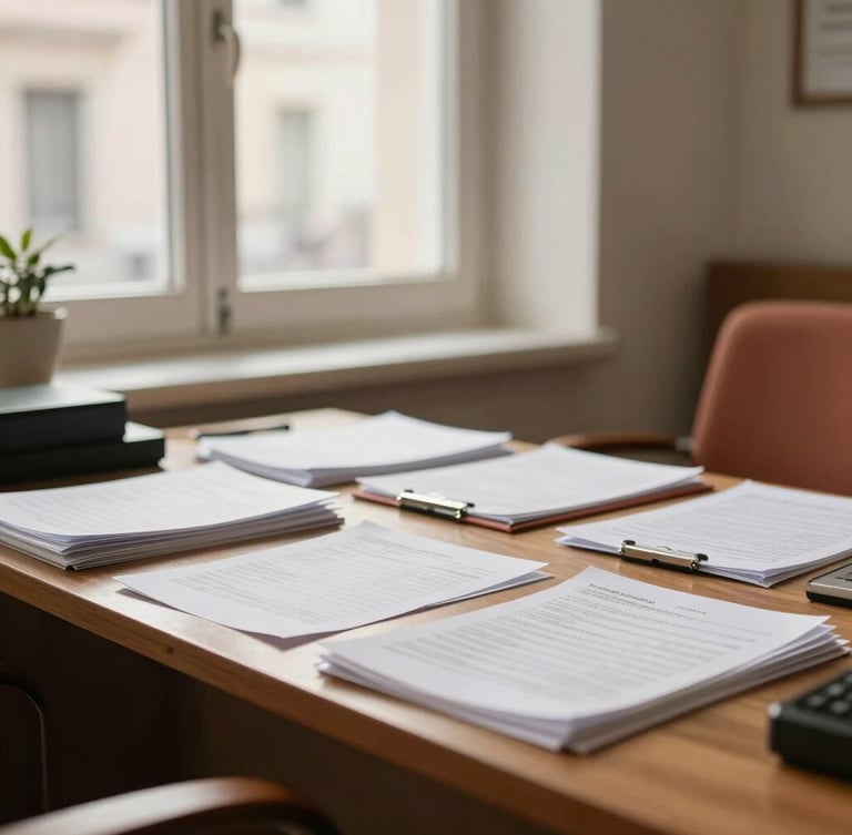 Warm editorial photography of a bright, welcoming Italian accounting office in Sassuolo, soft natural window light, organized physical ledgers on a wooden desk, shallow depth of field, 35mm.