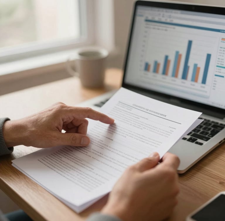 Medium close-up of hands analyzing financial documents alongside a modern screen displaying structured graphs, warm natural light, professional office setting.