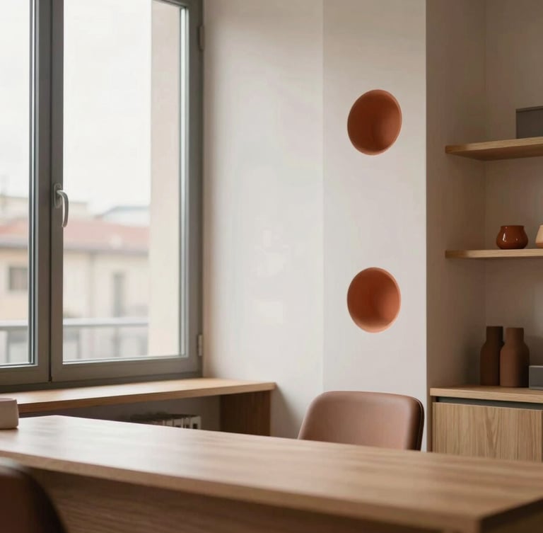 Warm editorial photo of a bright, professional Italian office in Sassuolo, architectural details, soft natural window light, terracotta ceramic accents, 35mm