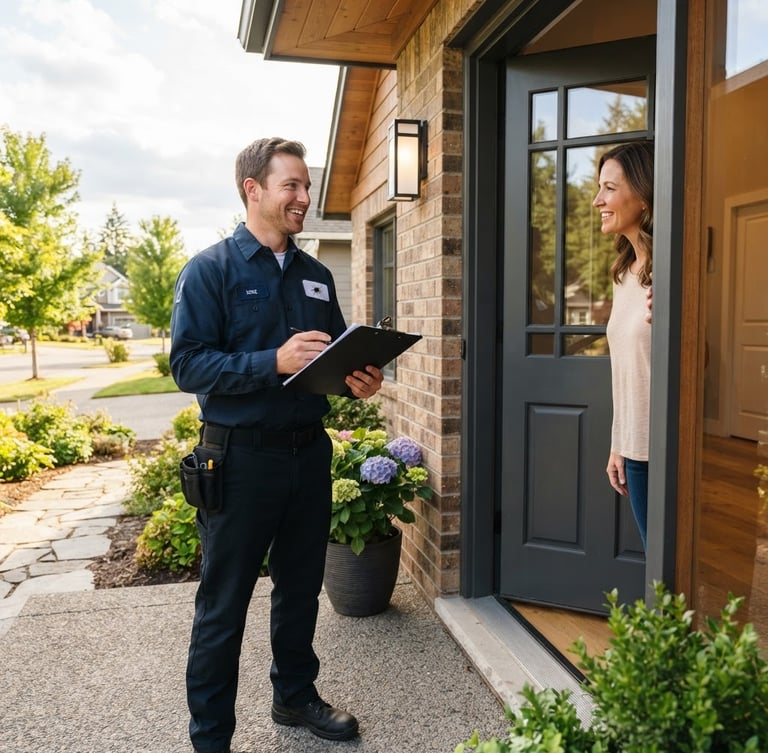 Bright professional photography of a friendly local pest control technician in a clean uniform holding a clipboard, standing at the doorway of a modern suburban home, warm natural daylight, sharp focus, 35mm lens.