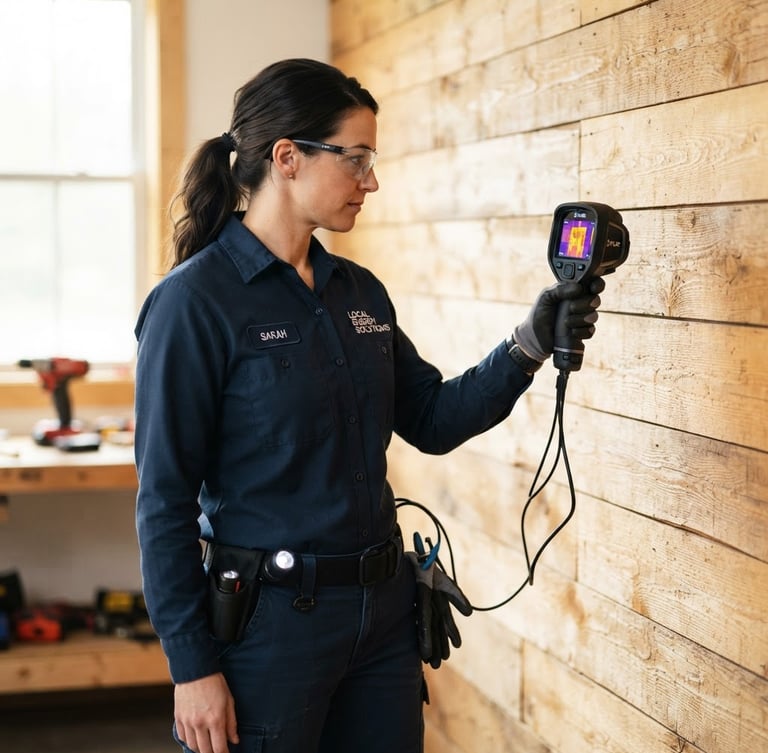 Bright professional photography of a clean local technician in uniform inspecting a bright wooden wall with modern thermal gear, natural daylight, sharp focus, 35mm lens