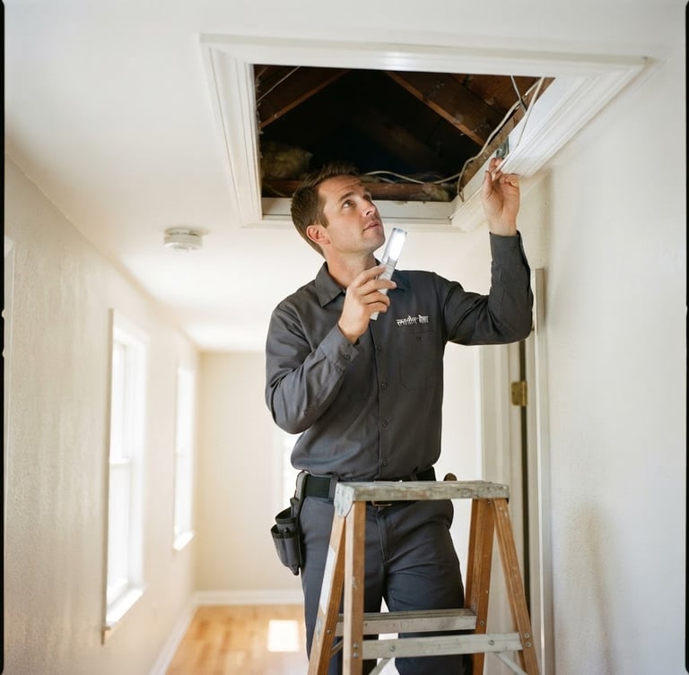 A professional local technician in a clean uniform inspecting an attic entry point with a modern flashlight in bright daylight, 35mm lens