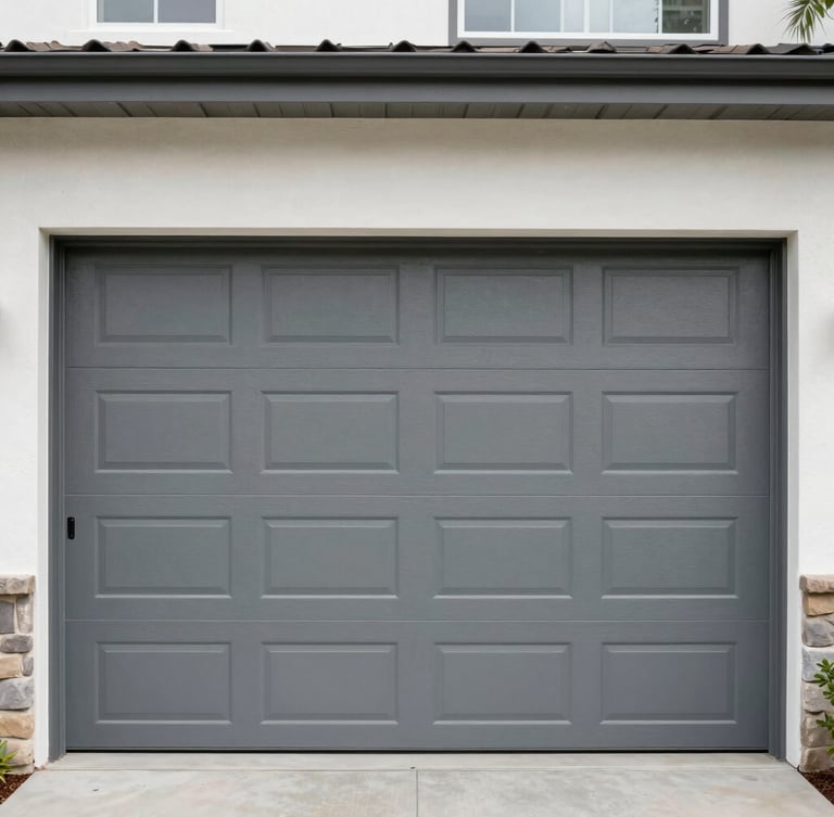 A crisp, straight-on architectural shot of a modern gray residential garage door in Citrus Heights, clean lines, natural daylight, eye-level framing.
