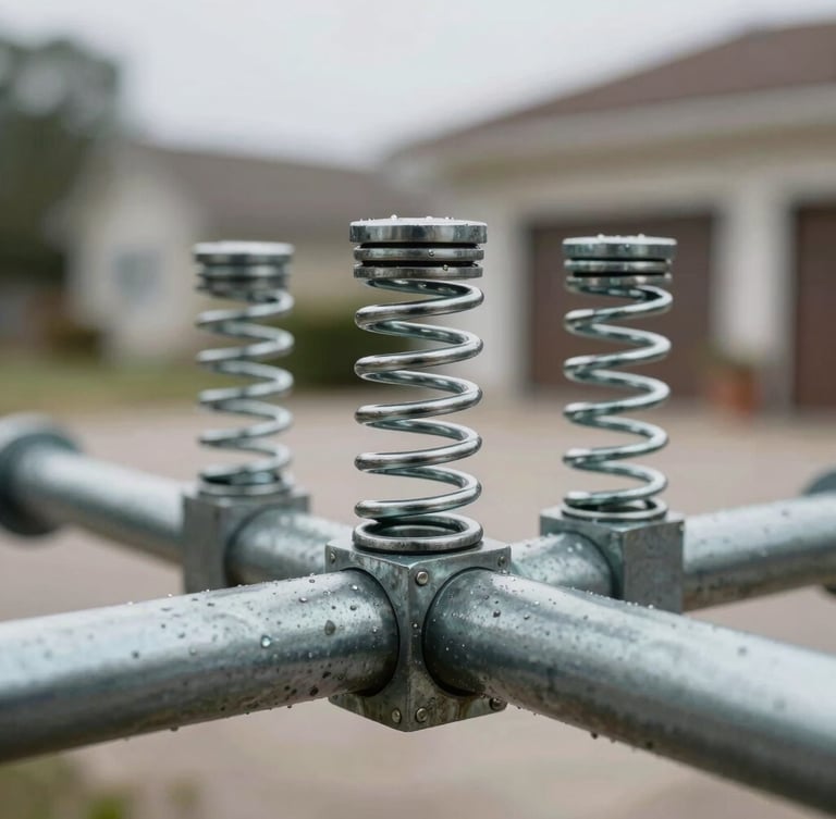 Close-up macro shot of clean heavy-duty steel torsion springs on a residential garage door shaft, natural overcast daylight, sharp focus.