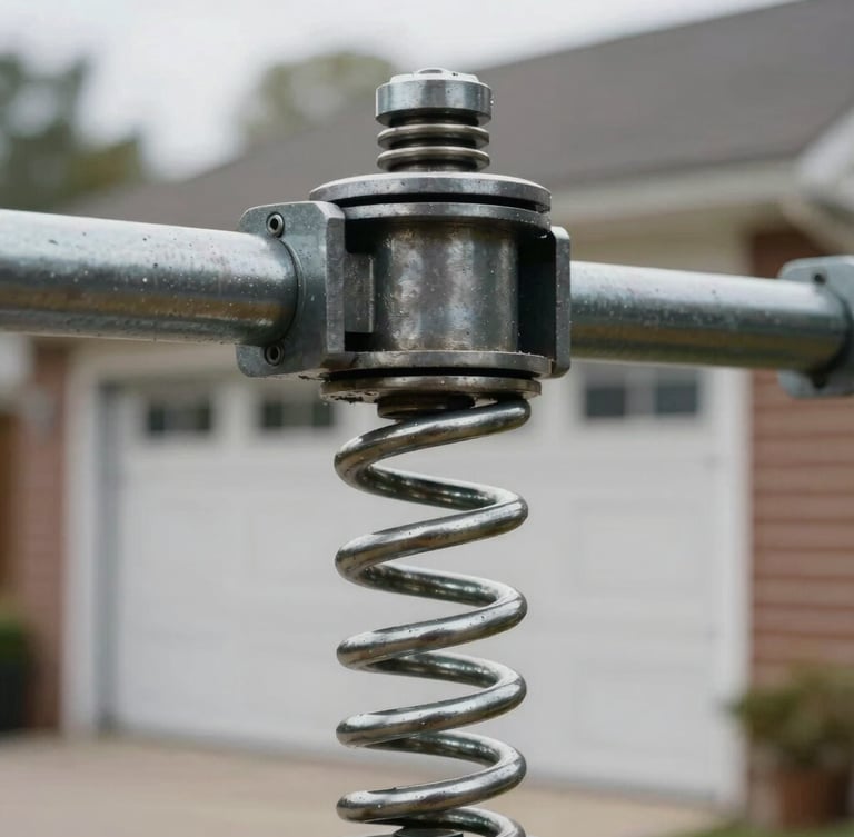 Close-up of a heavy-duty steel torsion spring mounted on a residential garage door shaft, natural overcast daylight, high mechanical clarity.