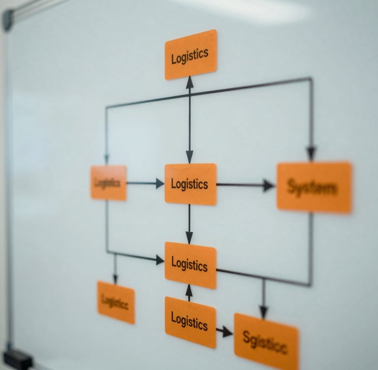 Close-up of a logistics system architecture diagram on a whiteboard, with specific components highlighted in orange, cool studio light, shallow depth of field