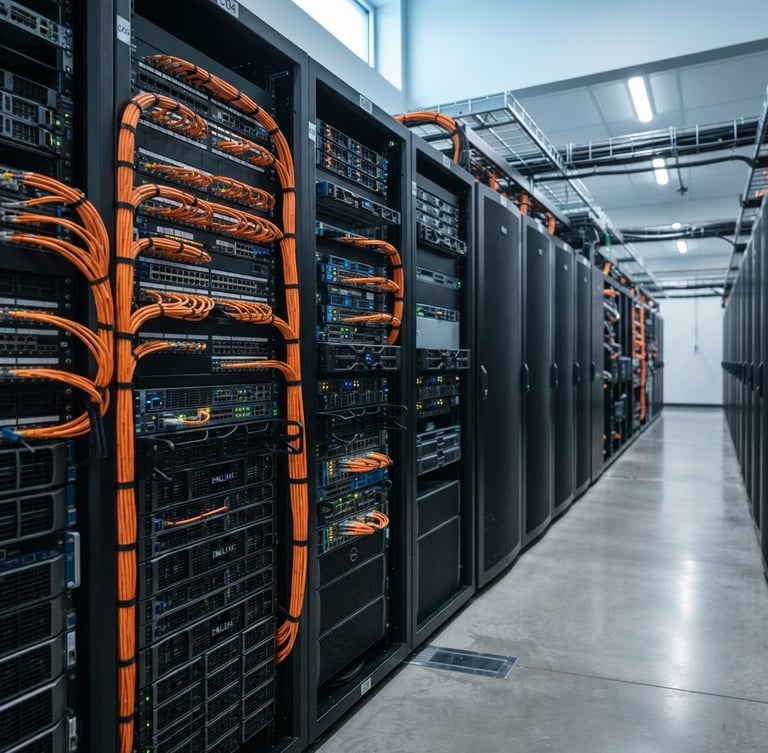 Wide panoramic of a modern data center rack, clean cabling, cool focused studio light, desaturated slate tones with sharp orange accents, shallow depth of field, 50mm, no people.