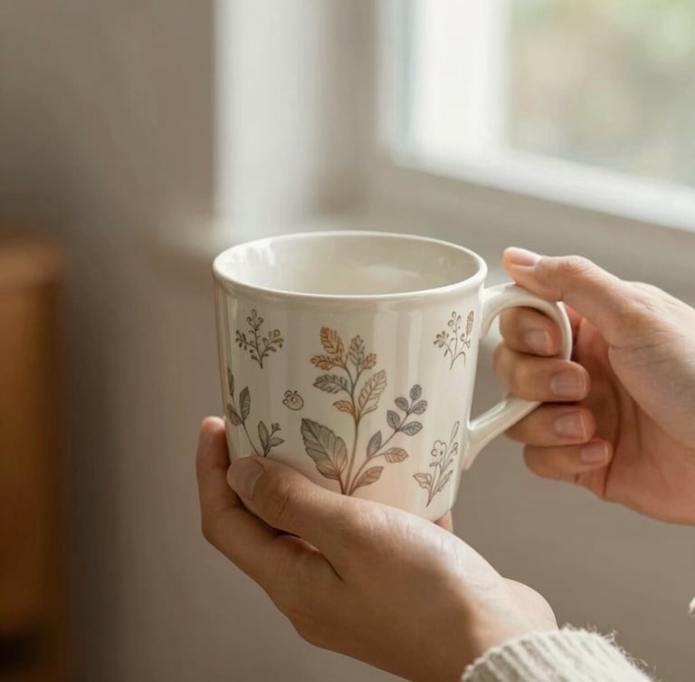 Hands holding a warm ceramic mug with a delicate custom floral print, soft natural window light, cozy domestic setting, shallow depth of field, 35mm