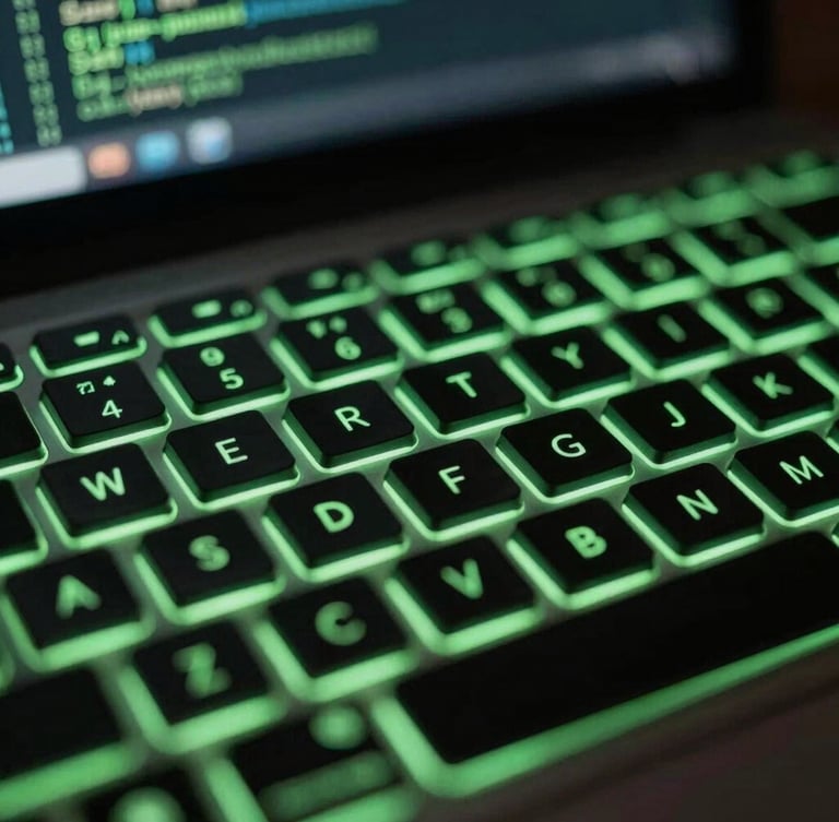 Macro shot of a modern keyboard with neon green backlighting, blurred code on screen, high-contrast, studio lighting, 35mm
