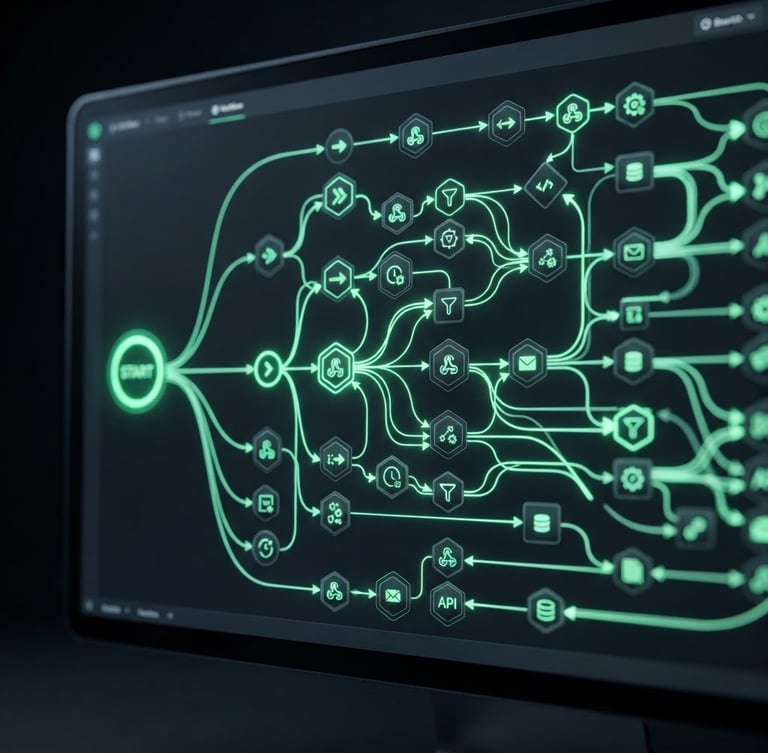 Sleek, dark-mode UI screenshot of an automation workflow diagram with neon green nodes, on a high-resolution monitor, macro shot, cool studio lighting, bleed right