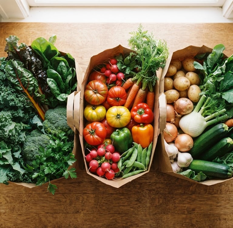 Top-down flat lay of neatly packed brown paper grocery bags filled with fresh vibrant vegetables, bright natural daylight, warm editorial food photography