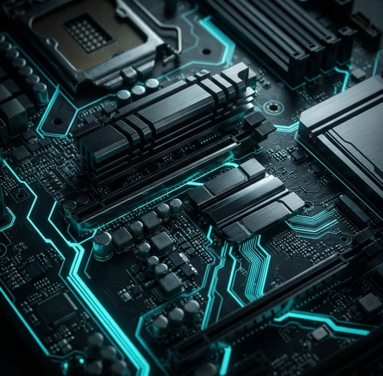 Extreme close-up of a high-performance motherboard with glowing neon cyan traces, metallic heat sinks, sharp dark reflections, macro lens photography