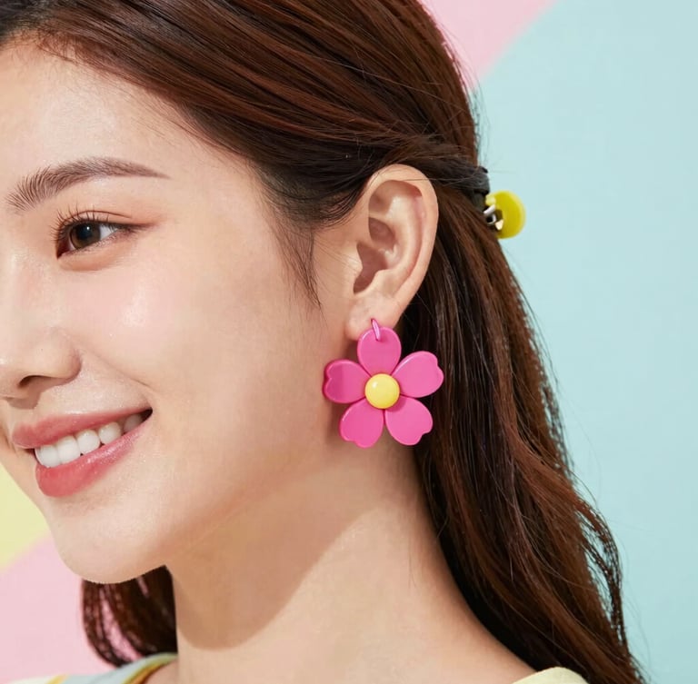 Close-up of a smiling young woman wearing bright pink acrylic flower earrings and a yellow hair claw, colorful pastel background, soft studio light, rich saturated colors