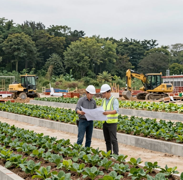 A professional civil engineer in a white hardhat and a horticulturist reviewing blueprint schematics on an active construction site with heavy machinery and green belts in the background.