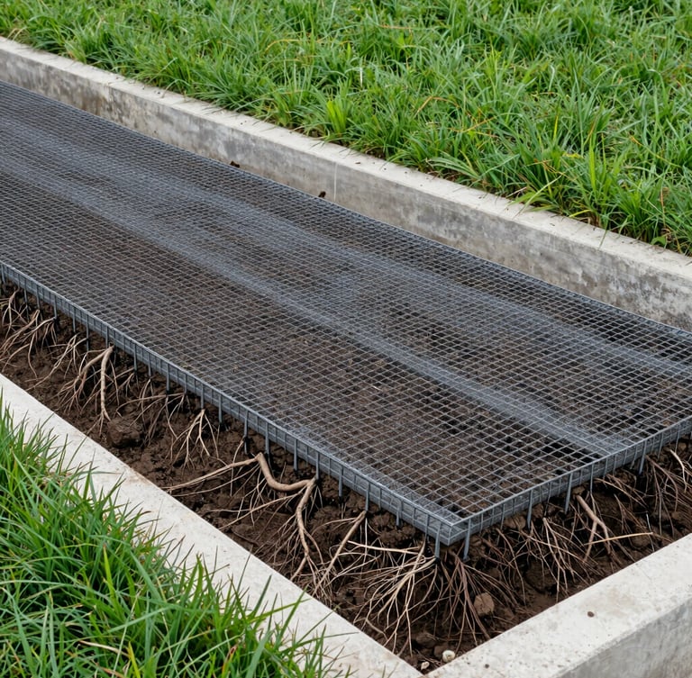 Close-up of structured soil layers and geotextile grid with healthy deep root systems visible, framed by rich green grass and concrete foundation edges, technical detail, bright daylight