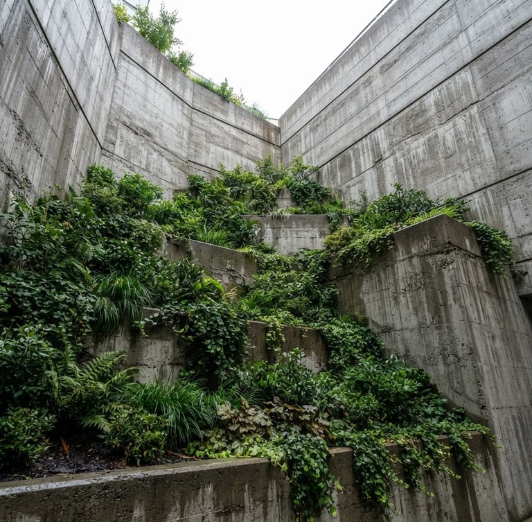Low-angle architectural shot of a massive concrete retaining wall integrated with tiered lush green planting beds, rich forest green foliage cascading over raw gray concrete, crisp daylight