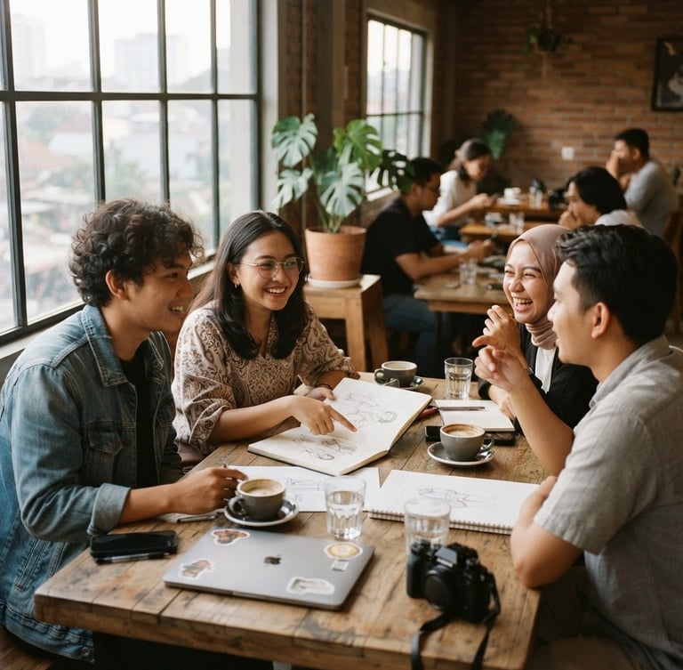 Candid shot of young Indonesian creatives collaborating around a wooden table in a minimalist Bandung cafe, soft warm window lighting, shallow depth of field, 35mm