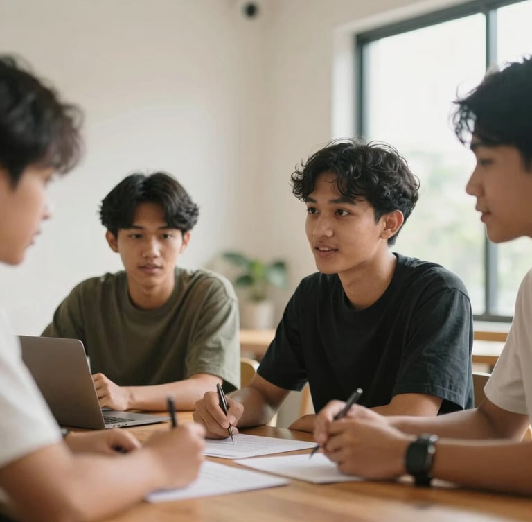 Candid close-up of young Indonesian creative professionals discussing a project around a wooden table in a warm, minimalist room, soft window light, shallow depth of field