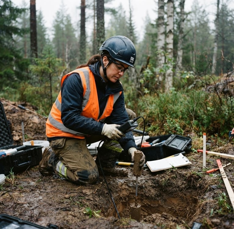Documentary environmental engineering, professional consultant in high-visibility gear measuring soil on site, crisp overcast daylight, muted forest greens and slate tones, 35mm