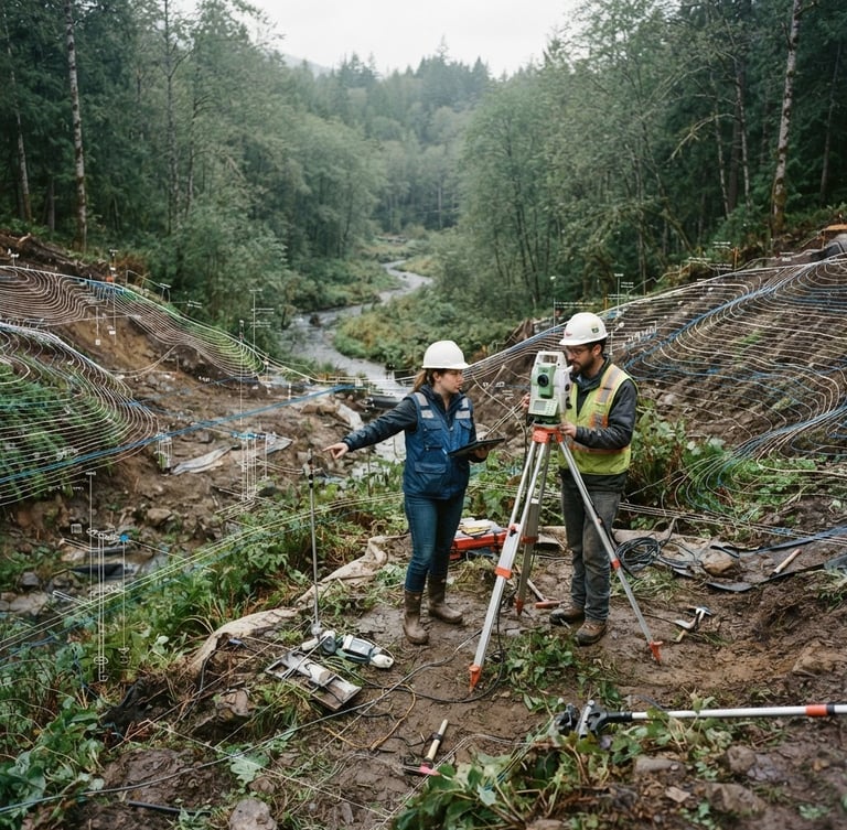 Land surveyors using a total station and digital mapping to analyze a forested river valley.