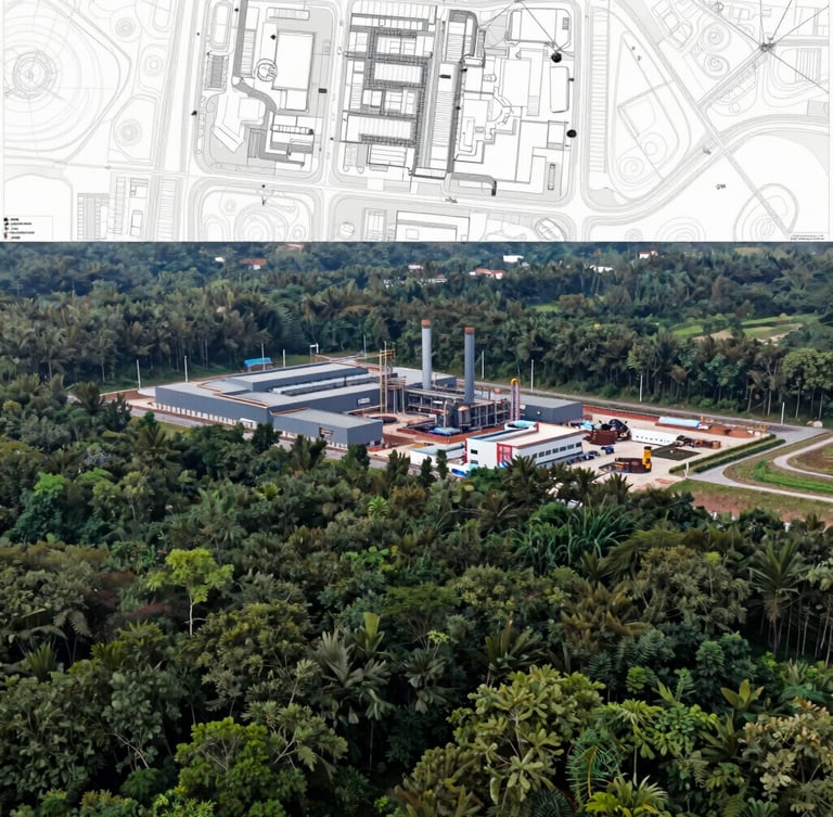 Wide environmental shot of an industrial development site bordered by dense forest, topographical planning overlay, natural overcast daylight, 35mm