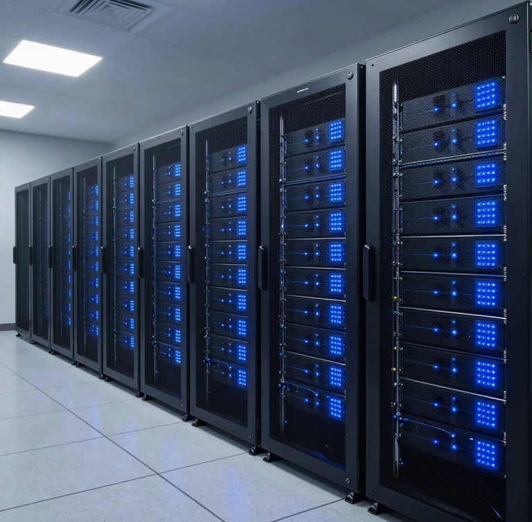 Wide shot of a modern technical control room with server racks and blue LED indicators, professional clean atmosphere, cool metallic lighting, high contrast.