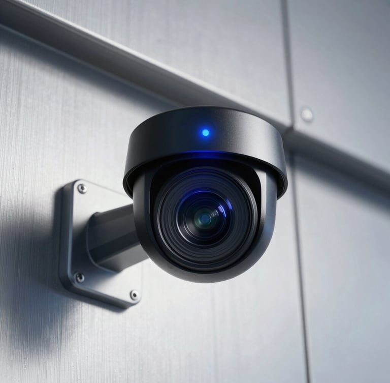 Close-up of a high-tech security camera with a blue status LED, mounted on a metallic silver wall under sharp high-contrast daylight, 50mm lens