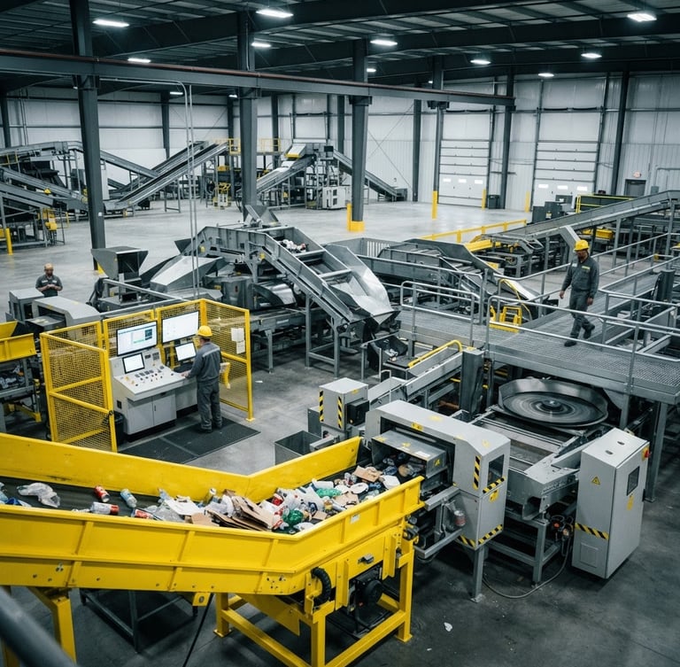 Wide-angle environmental shot of an advanced optical sorting floor with high-contrast safety yellow machinery, cool crisp warehouse lighting, desaturated metallic tones, 35mm lens