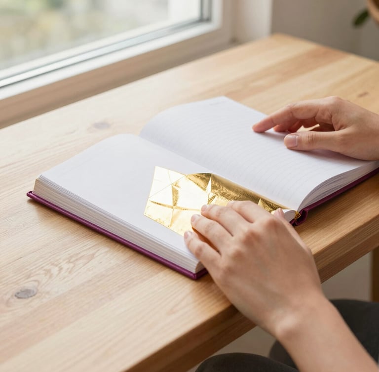 Close-up of Daisy Diamond's hands holding a beautiful gold-accented journal on a light wooden coffee table, with a diamond-shaped light reflection falling across the page. Bright, warm natural light.