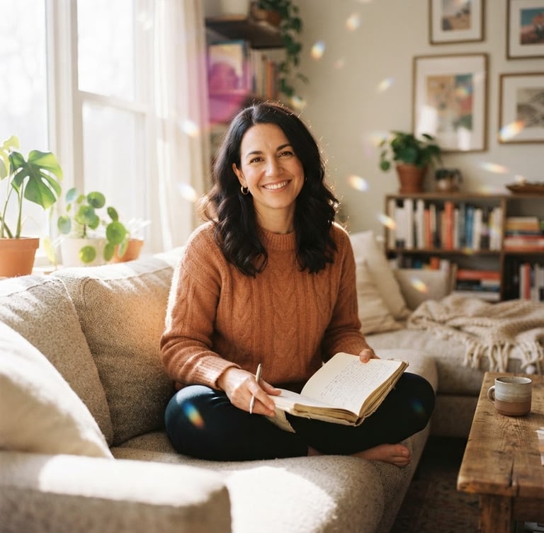 A casual, dark-haired woman in her early 40s sitting comfortably on a plush couch holding a journal, bright natural window light, soft magenta and gold tones, diamond-prism light reflections, 35mm lens.